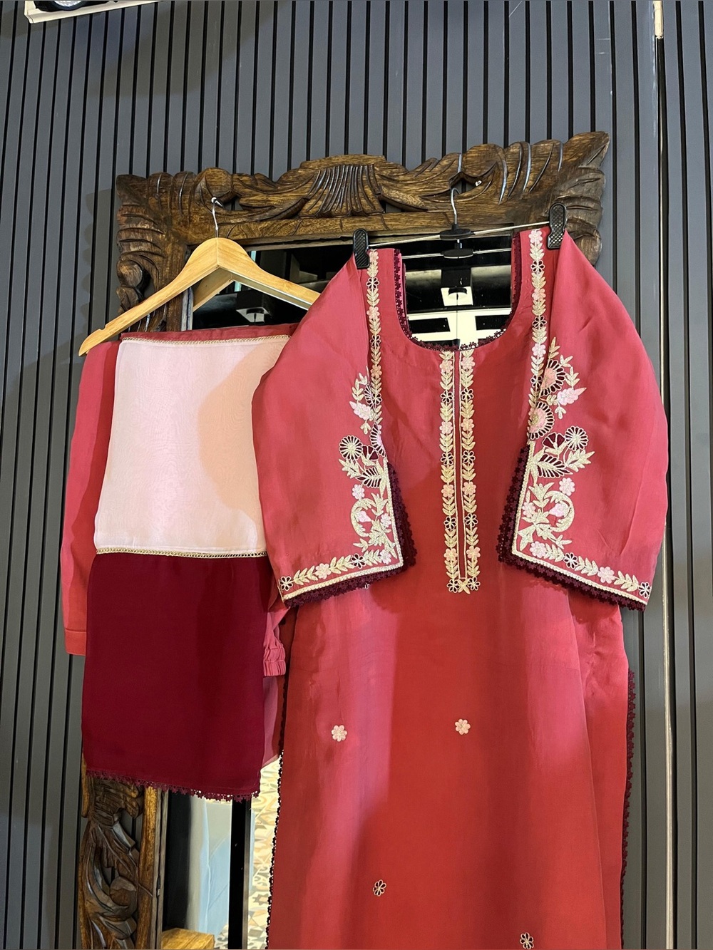 Embroidered Red-Pink Ethnic Kurta Set
